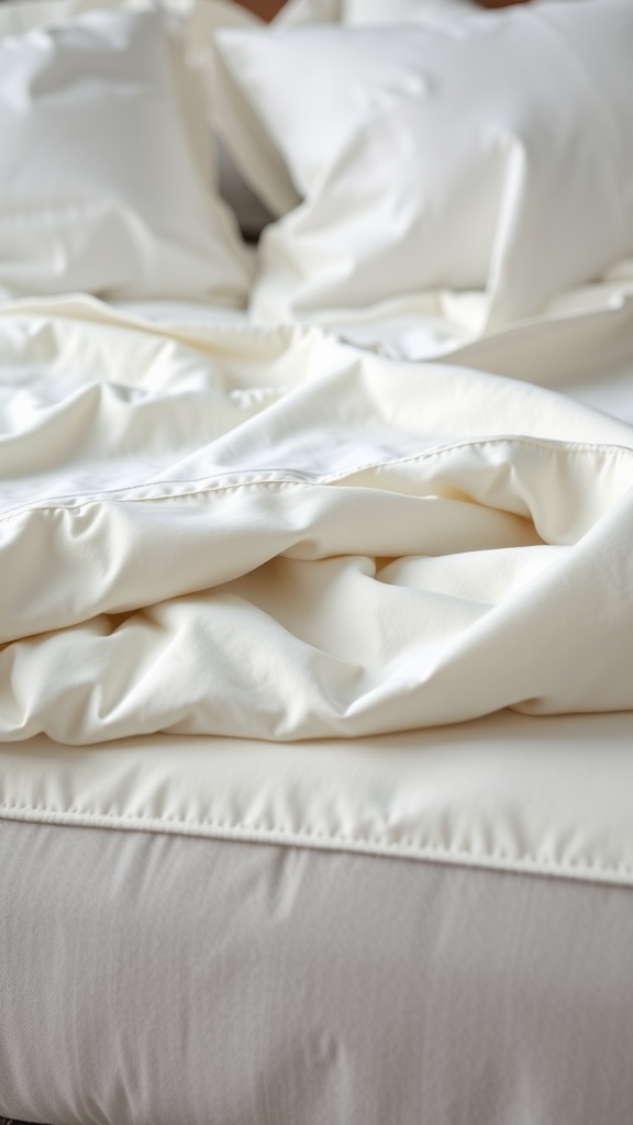Close-up view of luxurious white bed linens with soft pillows.