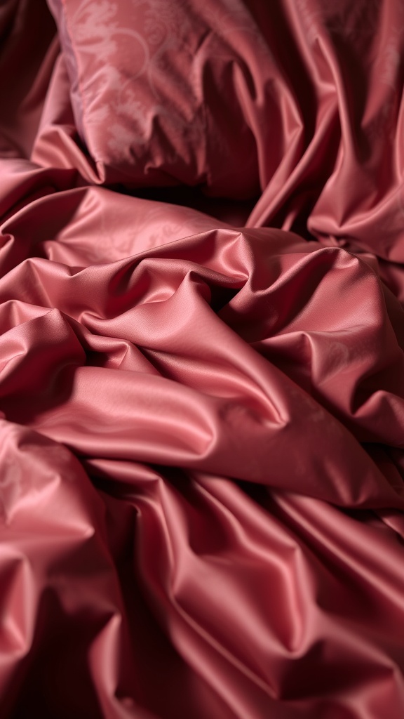 Luxurious bedding in rich pink tones, featuring smooth, satiny fabric and layered pillows.