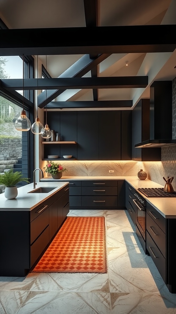 A modern luxury chef's kitchen with black cabinetry, a large island, and natural light.