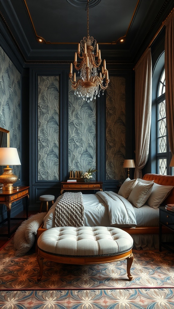 A luxurious bedroom with rich fabrics, dark walls, elegant chandelier, and comfortable furnishings.