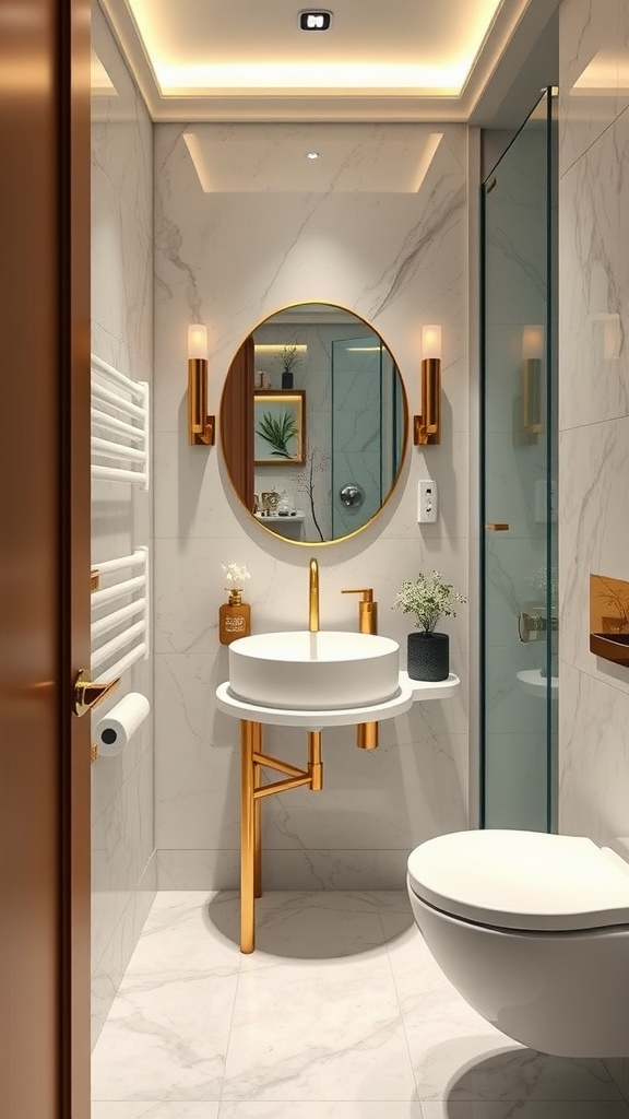 Modern small bathroom with luxury finishes, featuring marble-like tiles, gold accents, and a compact sink.