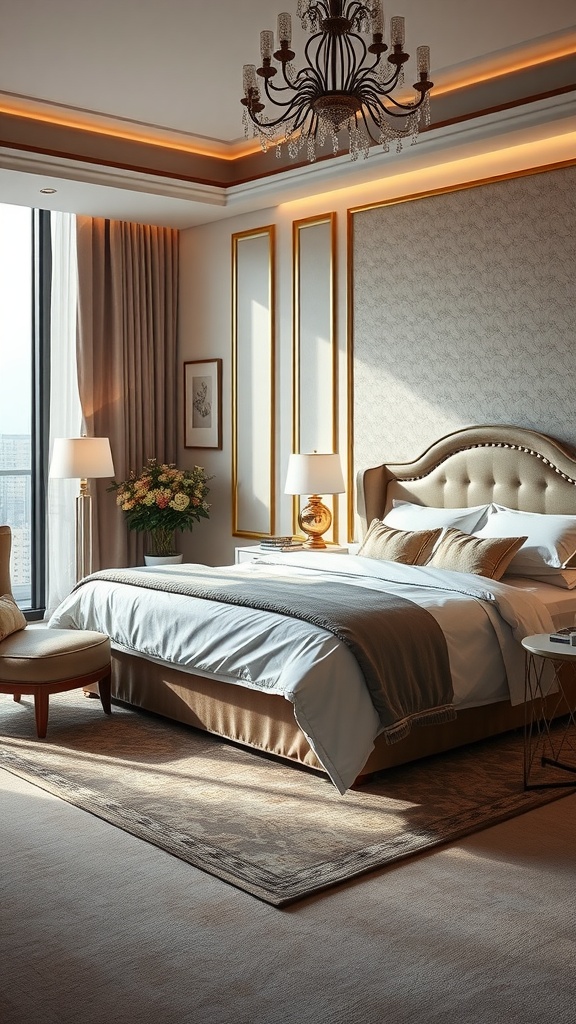 A luxurious bedroom showcasing a plush bed, elegant chandelier, and stylish decor.