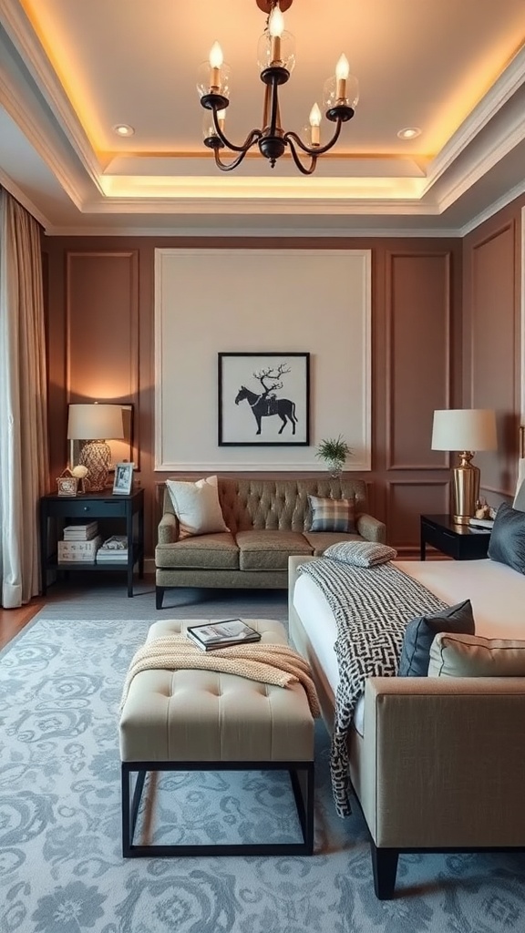 A luxurious hotel suite with a cozy sofa, elegant chandelier, and stylish decor.