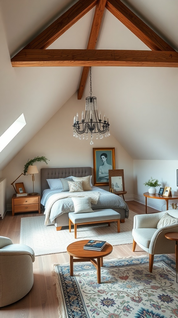 A luxurious attic bedroom featuring wooden beams, elegant chandelier, cozy seating area, and stylish decor.