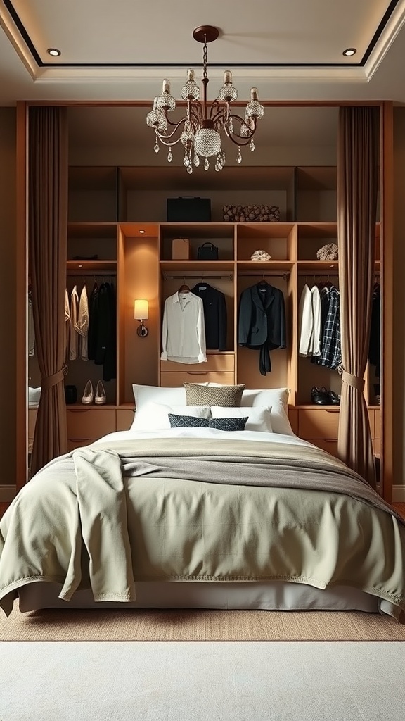 A luxurious bedroom featuring an open wardrobe, neatly arranged clothing, and a stylish chandelier.