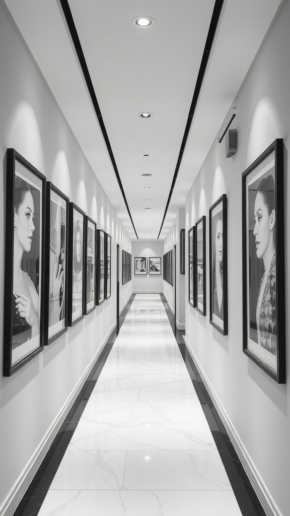 A hallway displaying elegant black and white portraits framed neatly on the walls.