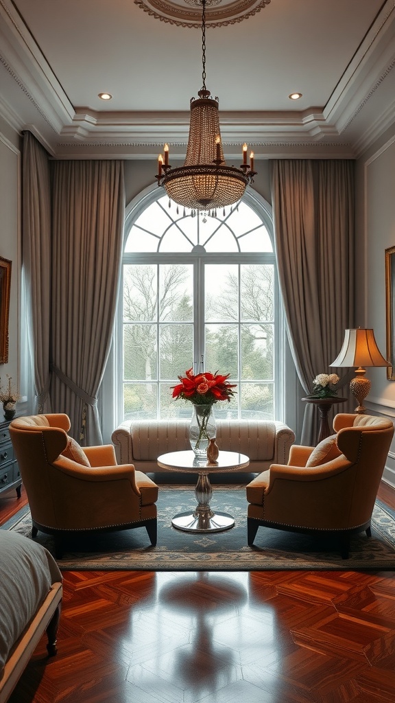 Elegant seating area in a mansion bedroom featuring plush armchairs, a coffee table with flowers, and large windows.