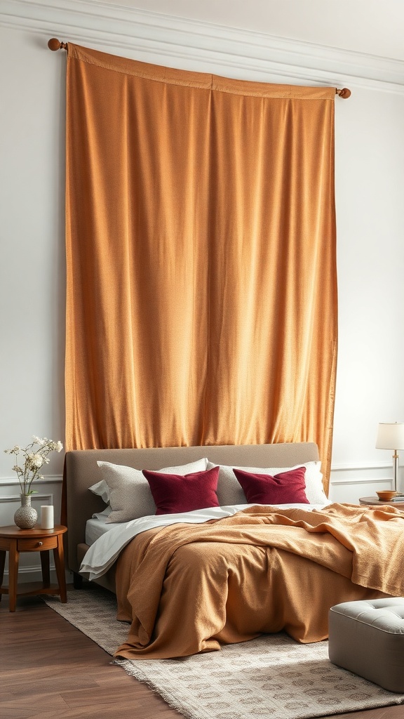 A cozy bedroom featuring a warm textile wall hanging above the bed, complemented by plush bedding and decorative pillows.