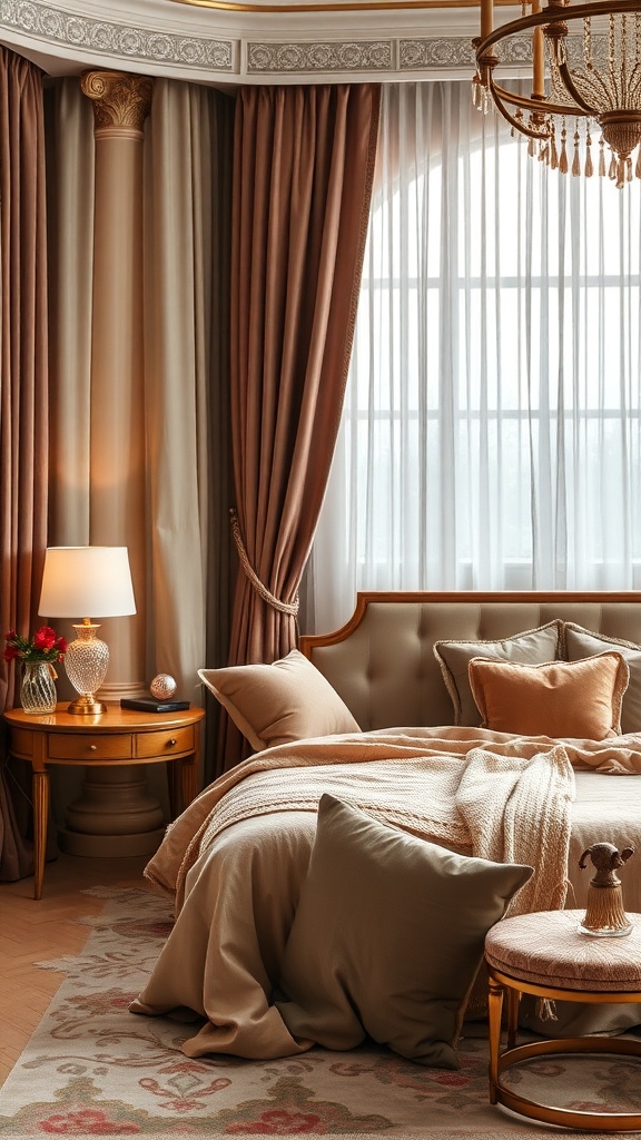A luxurious bedroom featuring elegant textiles and fabrics, including plush bedding, decorative pillows, and rich curtains.