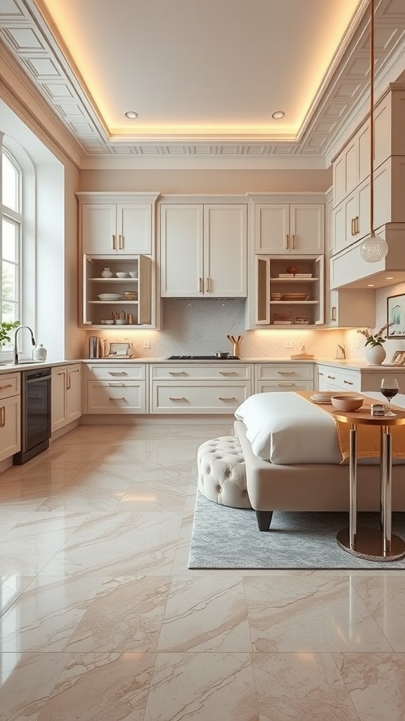 A modern kitchen featuring luxury vinyl tile flooring that resembles natural stone, with elegant cabinetry and warm lighting.