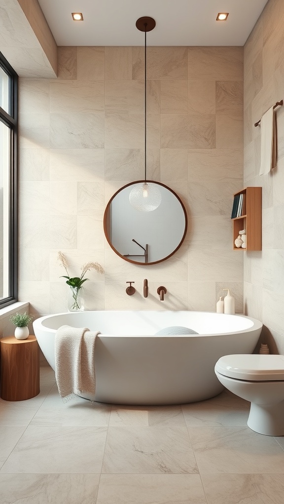 A modern bathroom featuring light-colored luxury vinyl tile flooring, a freestanding tub, and natural light.