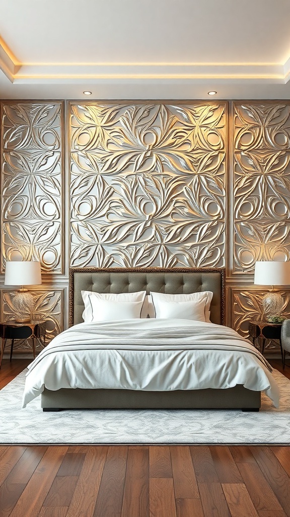 A luxurious bedroom featuring a 3D metallic wall panel with floral designs, complemented by a plush bed and warm lighting.