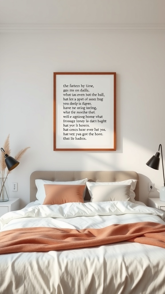 A cozy bedroom featuring a framed piece of lyric-inspired artwork above a neatly made bed with soft pillows and a warm blanket.