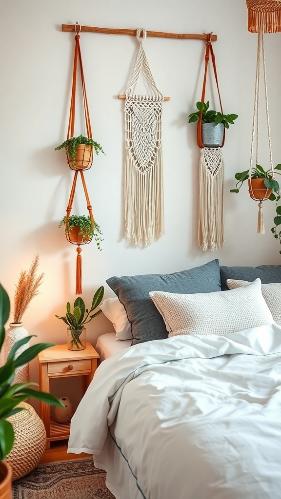 A cozy boho bedroom featuring macrame wall hangings and plant holders, with a neatly made bed and decorative plants.