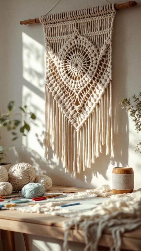 A macrame and crochet wall hanging featuring intricate patterns and fringes, with yarn and tools on the table below.