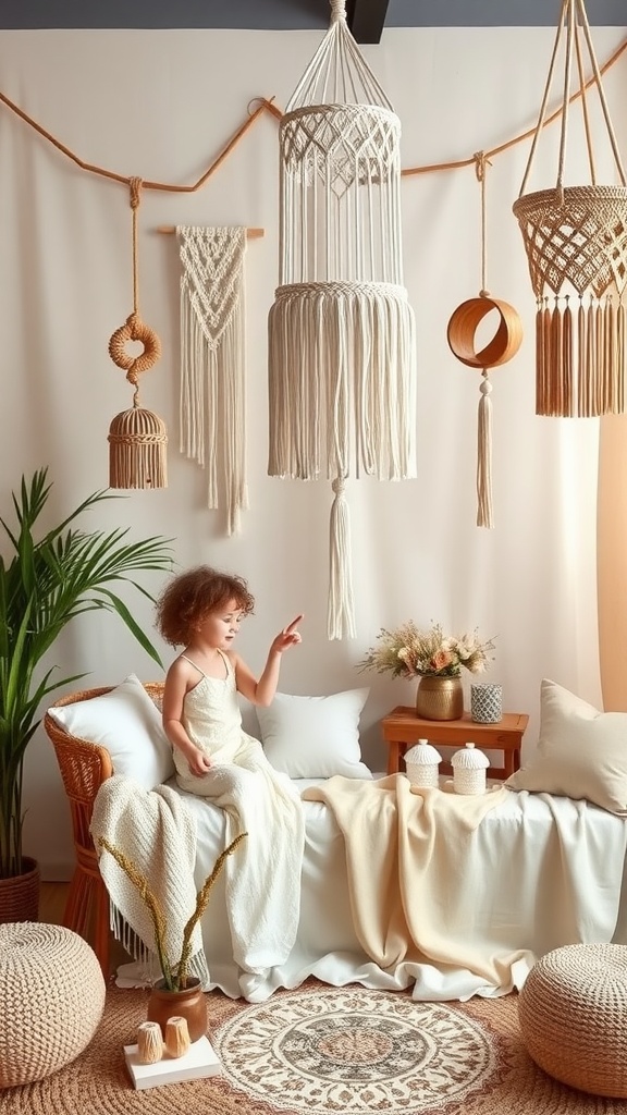 A cozy boho-themed decor with macrame hanging elements and soft textiles.