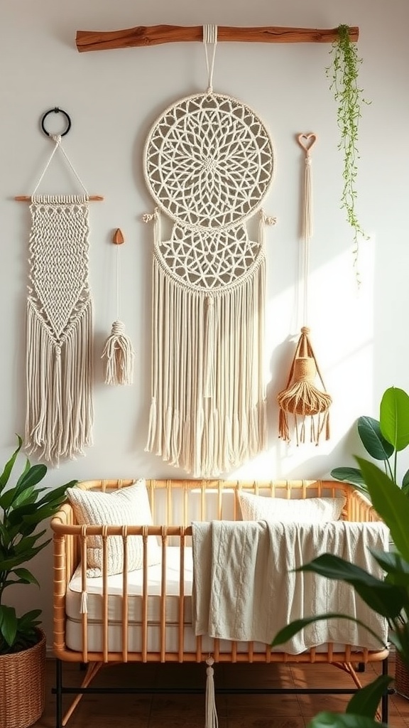 A boho nursery featuring macrame wall hangings and a bamboo crib