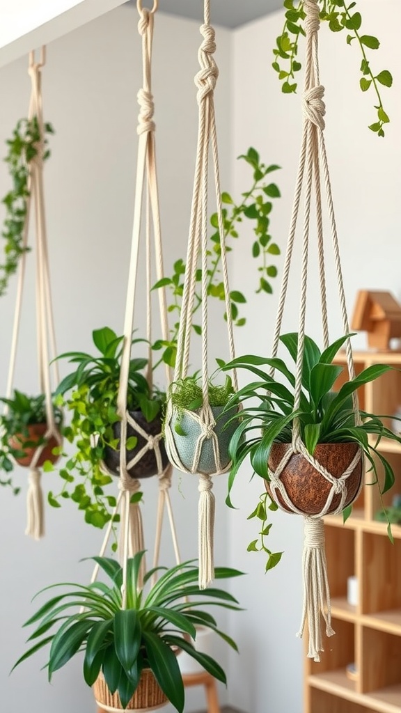 Multiple macrame plant hangers with various plants displayed indoors.