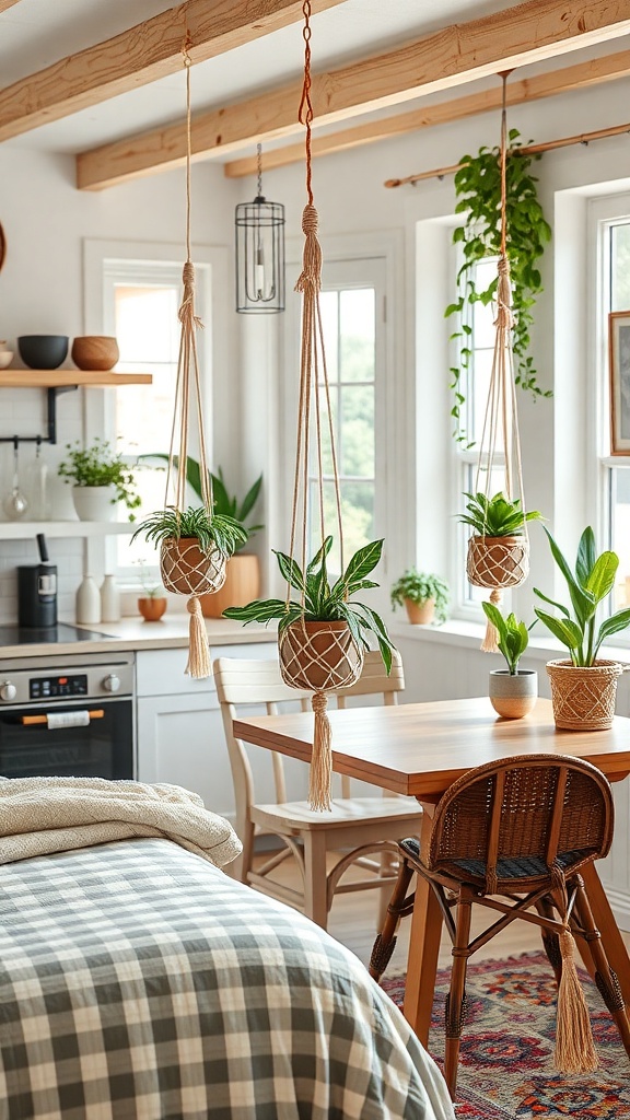 A cozy kitchen featuring macrame pot holders with plants hanging from wooden beams.