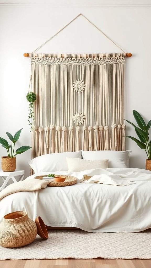 A macrame wall hanging headboard with plants and woven decor in a cozy bedroom setting.