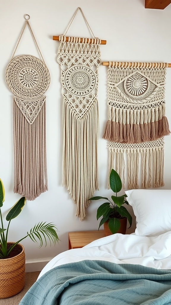 Three macrame wall hangings in earthy tones displayed on a wall with green plants in a cozy bedroom setting.