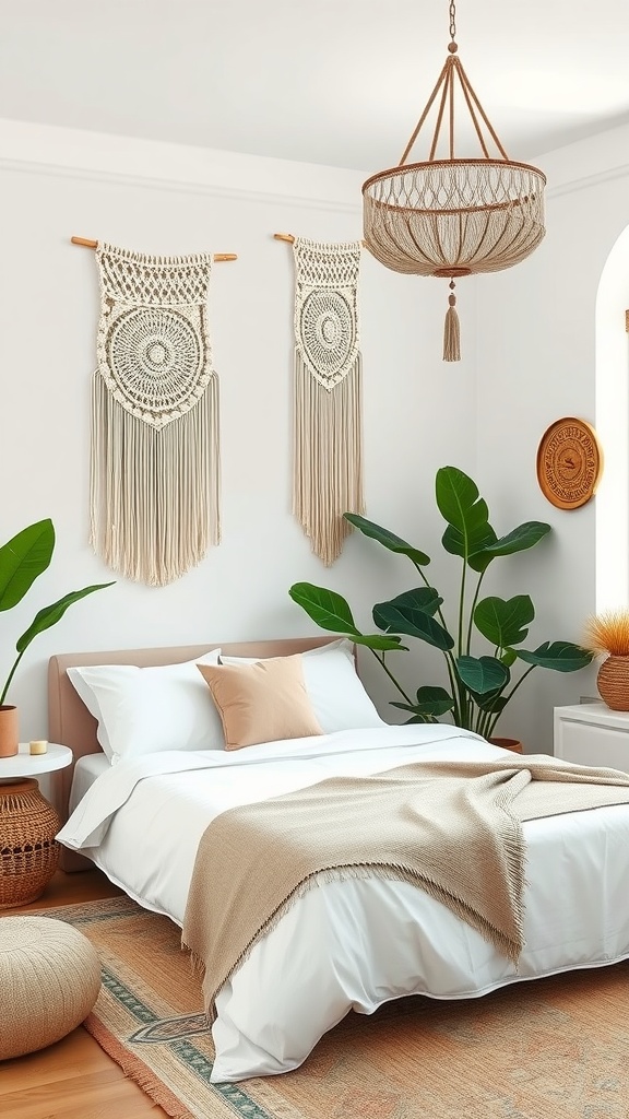 A bright tropical bedroom featuring macrame wall hangings, plants, and calming decor.