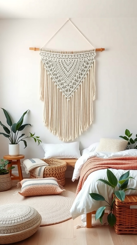 A beautifully crafted macrame wall hanging above a cozy bed, surrounded by plants and decorative pillows.