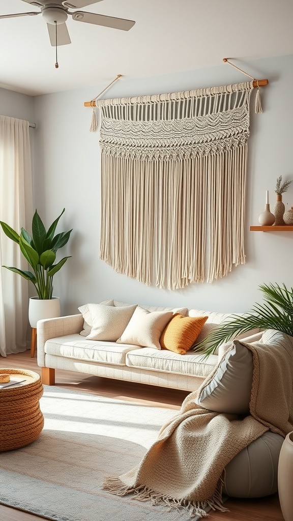 A macrame wall hanging above a cozy sofa in a well-decorated living room.