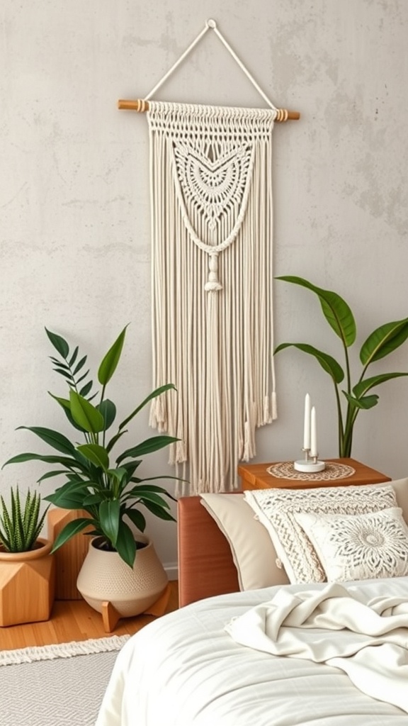 A macrame wall hanging with a heart design, displayed above a bedside table with plants and soft bedding.