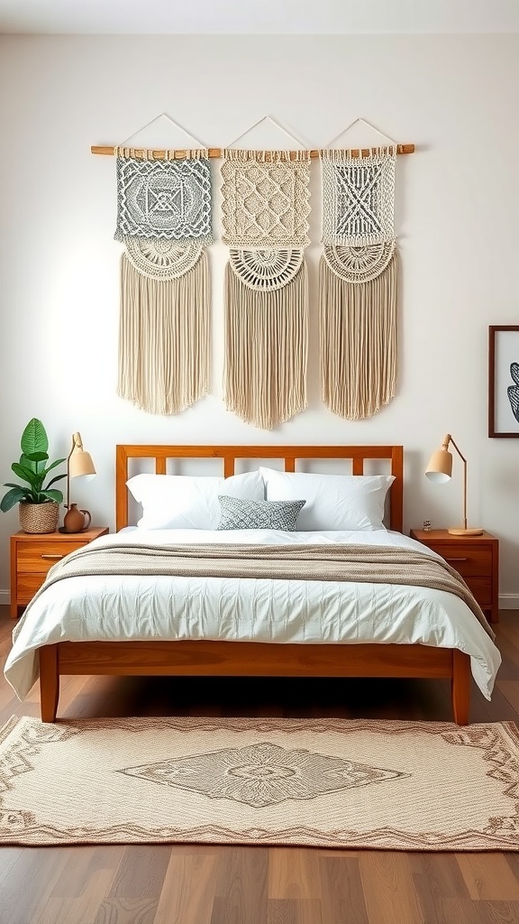 A cozy boho bedroom featuring three macrame wall hangings above a wooden bed.