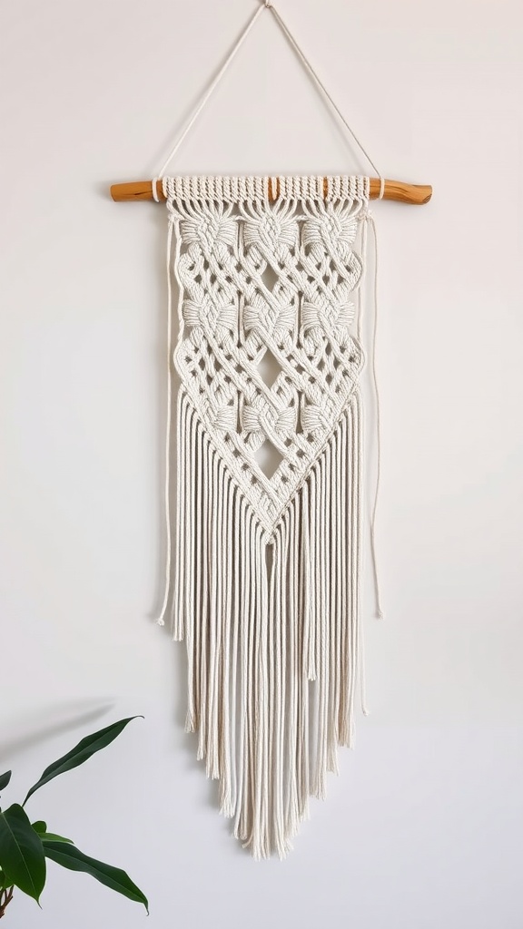 A macramé wall hanging with a wooden rod, featuring intricate knot designs and fringes