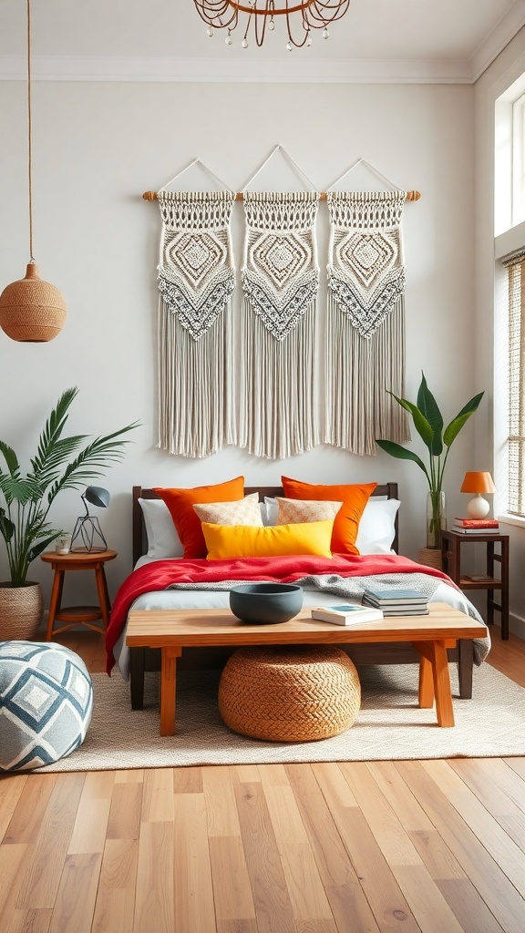 A cozy living room featuring macramé wall hangings above a bed with colorful cushions.