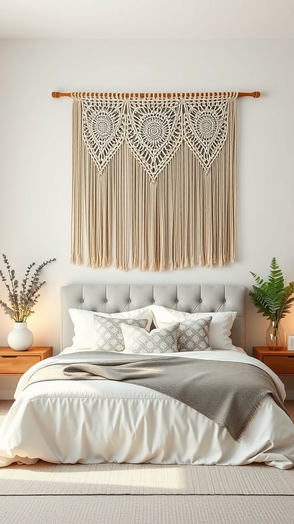 A cozy bohemian bedroom featuring a large macramé wall hanging above a plush bed with neutral bedding and decorative pillows.