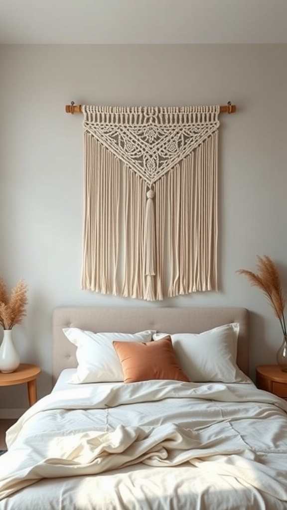 A macramé wall hanging above a bed with neutral bedding and decor.