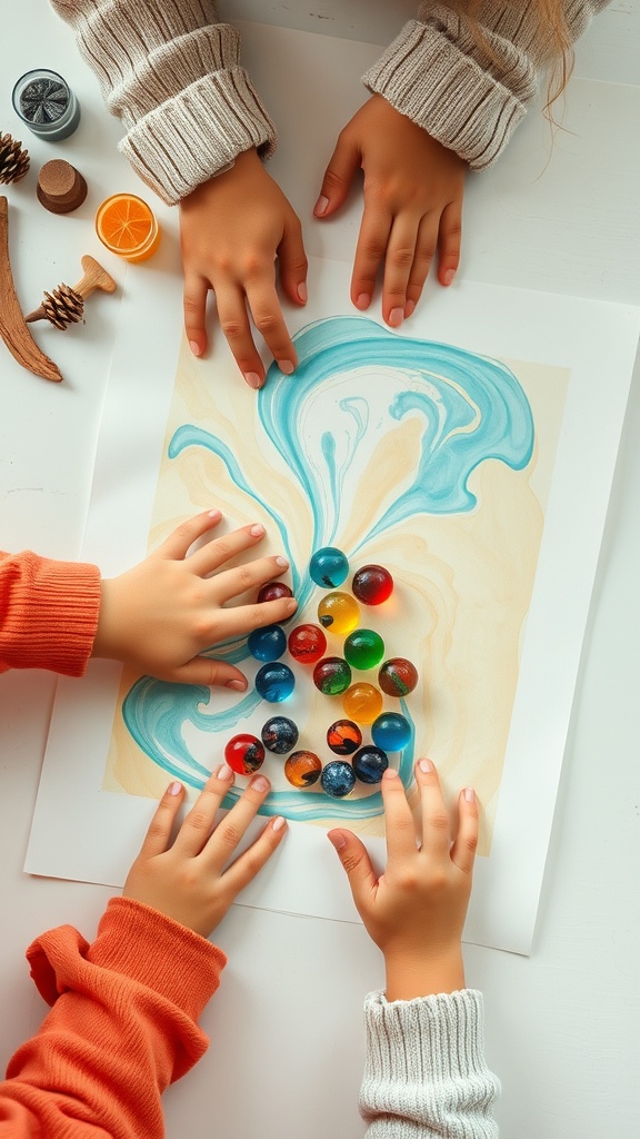 Children's hands engaging in a colorful marble painting activity.