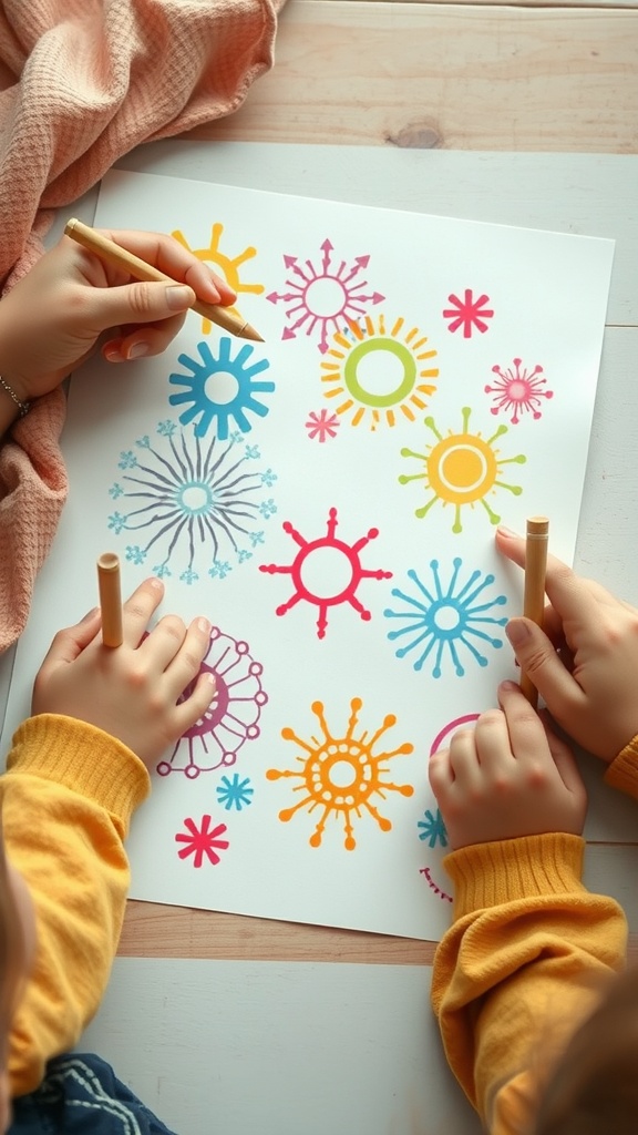 A parent and child creating scratch art together with colorful patterns.