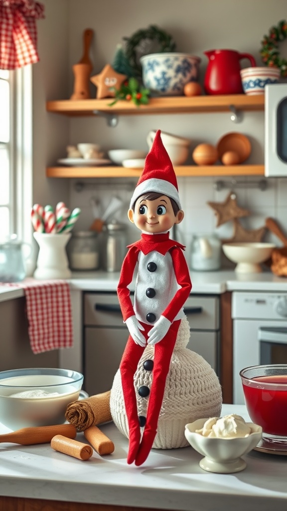 A cheerful elf sitting on a knitted snowman in a cozy kitchen, surrounded by baking ingredients and festive decor.