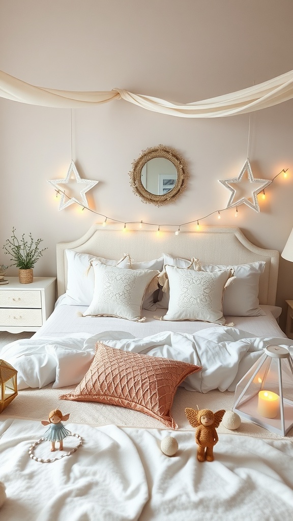A cozy fairycore bedroom with soft pillows, star decorations, and whimsical figurines.