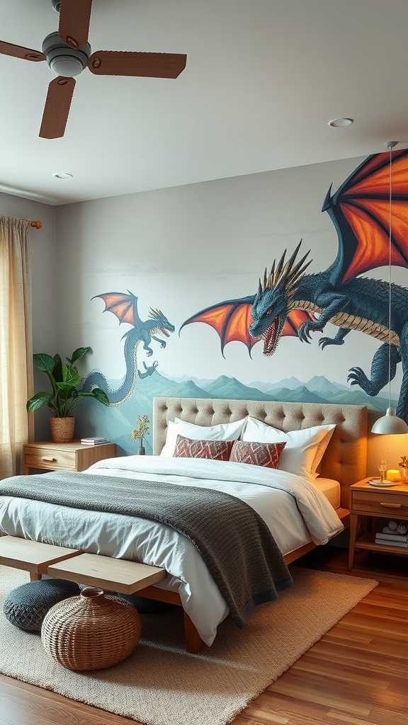 A cozy bedroom with a dragon mural on the wall, featuring soft bedding and natural wood furniture.