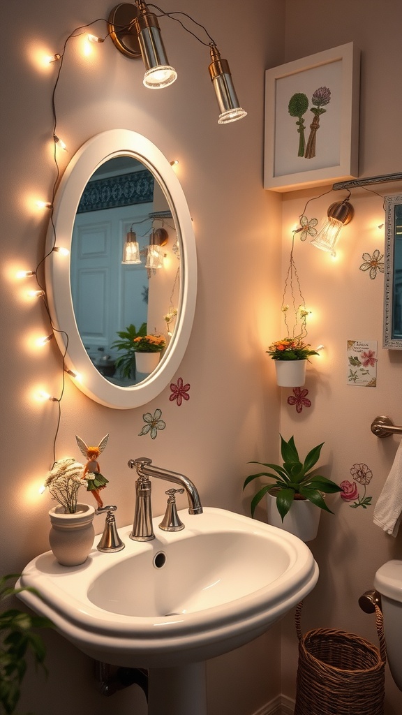 A kids' bathroom designed as a magical fairy garden with fairy lights, plants, and decorative elements.