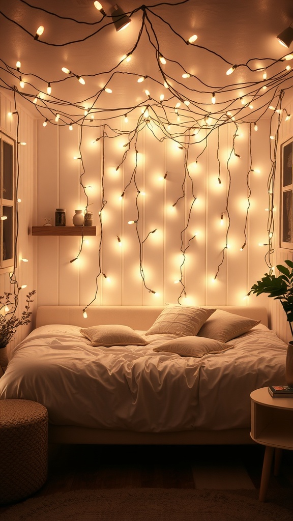 A cozy kids' bedroom with fairy lights decorating the walls, creating a warm and magical ambiance.