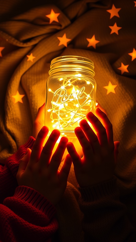 Children's hands holding a mason jar filled with warm fairy lights, surrounded by star-shaped decorations.