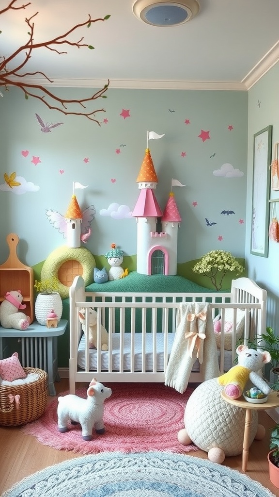 Nursery featuring a magical fairy tale theme with castle decorations, plush toys, and soft colors.