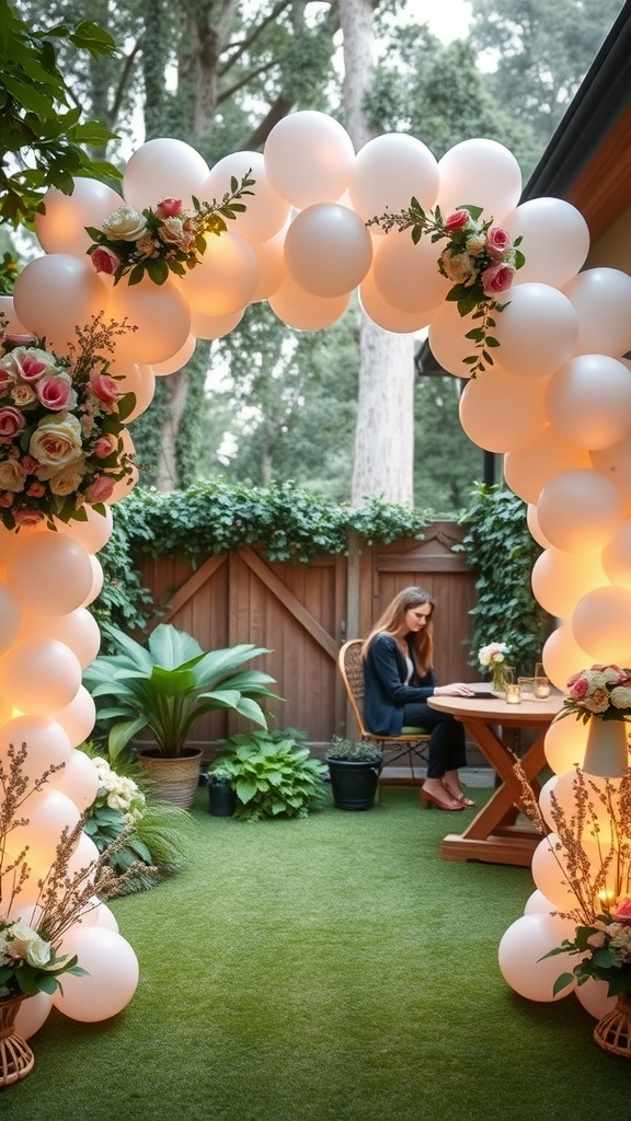 A beautiful balloon arch adorned with flowers, leading into a garden setting with a woman sitting at a table.