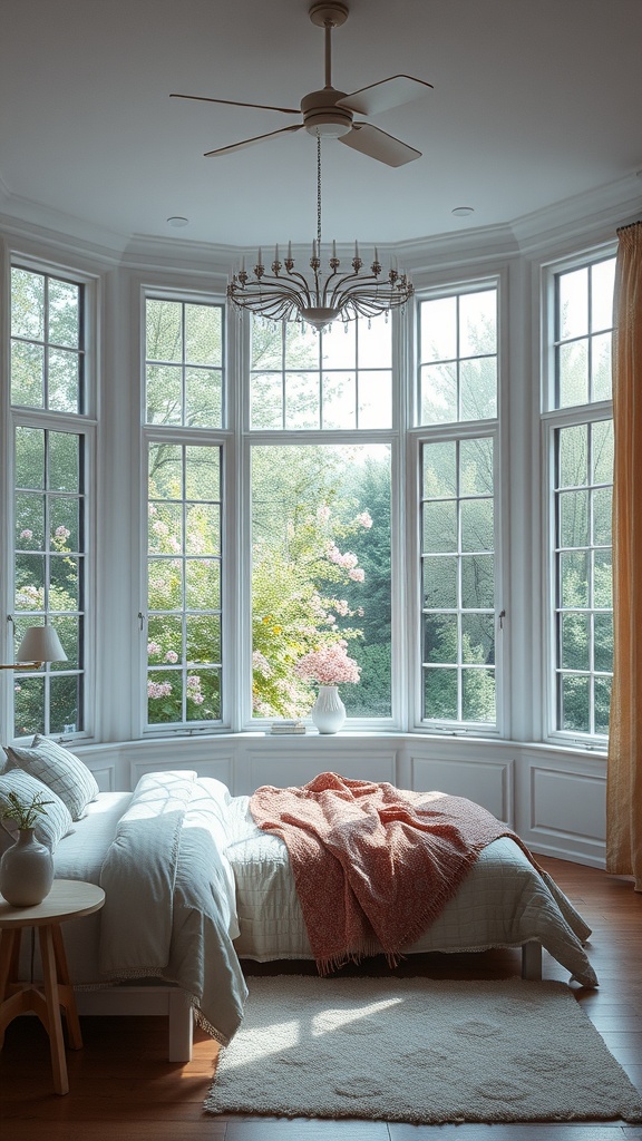 A cozy bedroom with large windows showcasing a beautiful garden view, featuring soft bedding and a chandelier.
