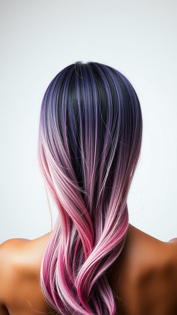 A view of magical ombre hair transitioning from black to purple and pink with added glitter, styled in soft waves.