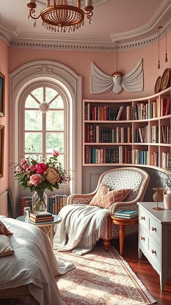 A cozy reading nook featuring a comfortable armchair, a bookshelf filled with books, and a floral arrangement.