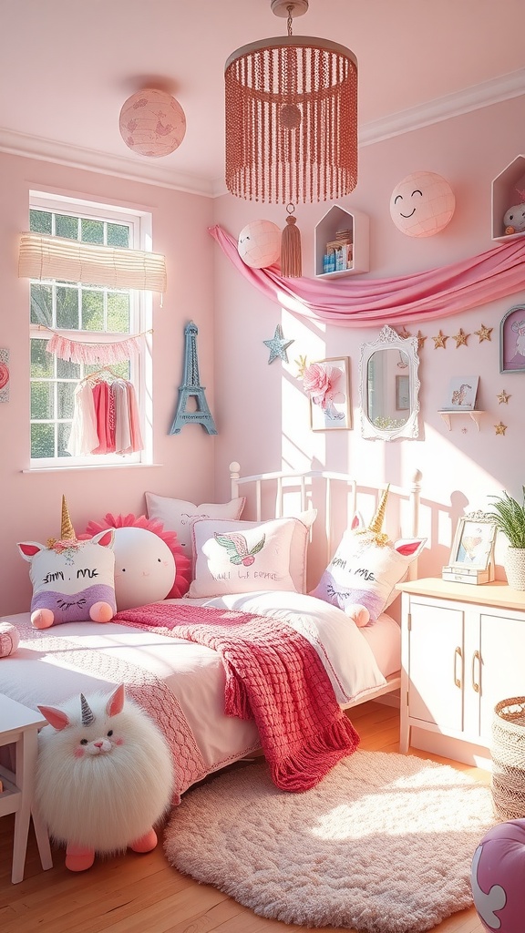 A whimsical kids bedroom decorated with unicorn-themed elements, featuring a cozy bed with colorful pillows, playful plush toys, and charming decorative accents.
