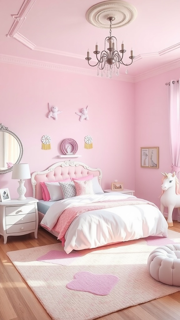 A beautifully decorated preschooler bedroom with unicorn themes, featuring pink walls, a cozy bed, and plush decor.
