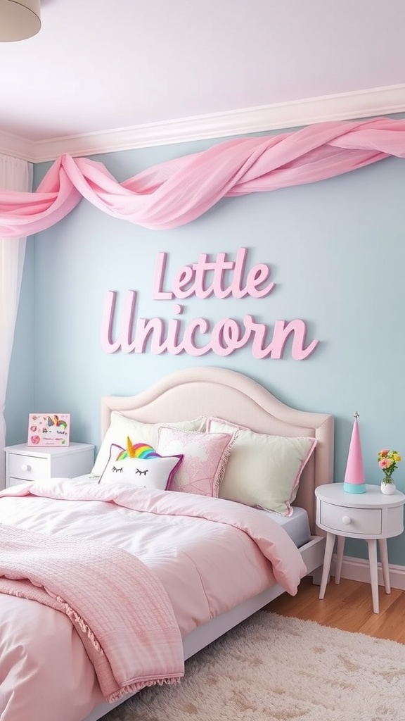 A cozy unicorn-themed bedroom with pink accents, light blue walls, and a soft bed.